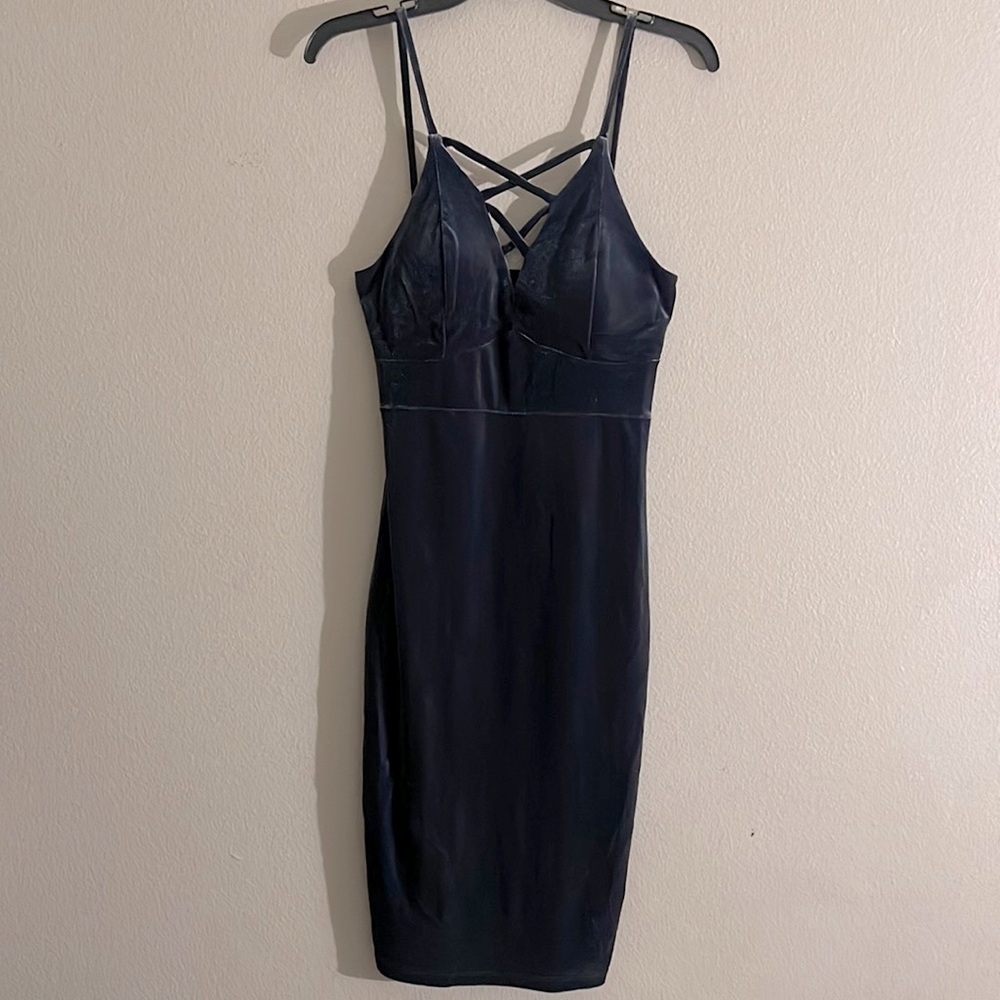PRIVY PRIVATELY PRIVILEGED SLATE GRAY VELVET MIDI BODYCON DRESS SZ LARGE EUC